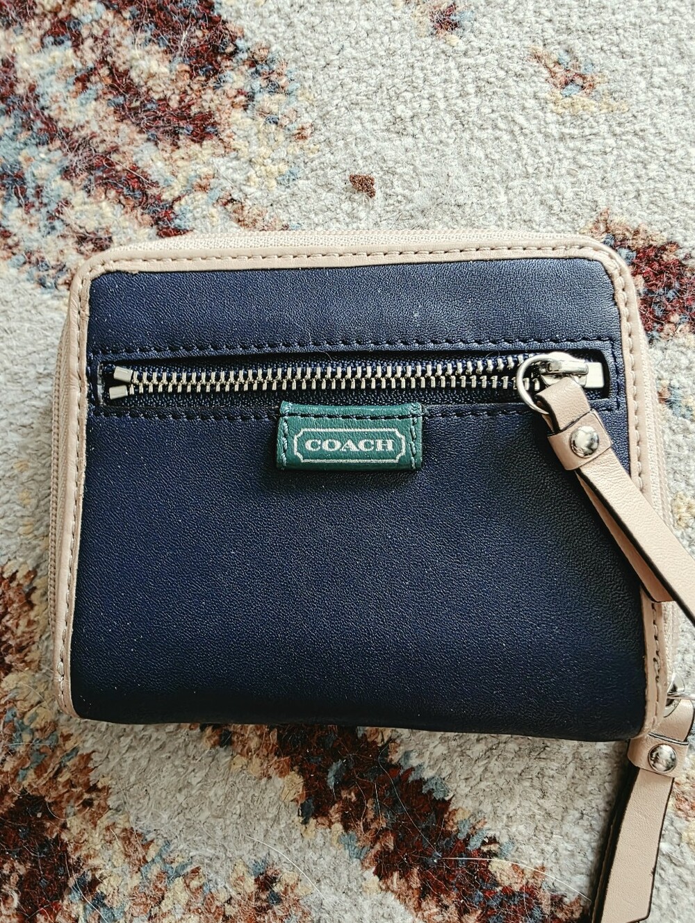 Coach Navy and Tan Zip Wristlet with Green Logo Patch